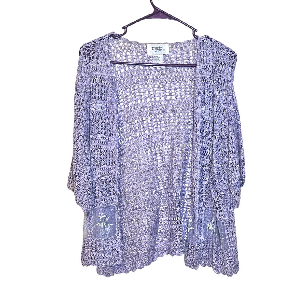 Teddi Knit Cardigan Sheer Purple Ramie Rayon Floral Size Extra Large Vintage XL